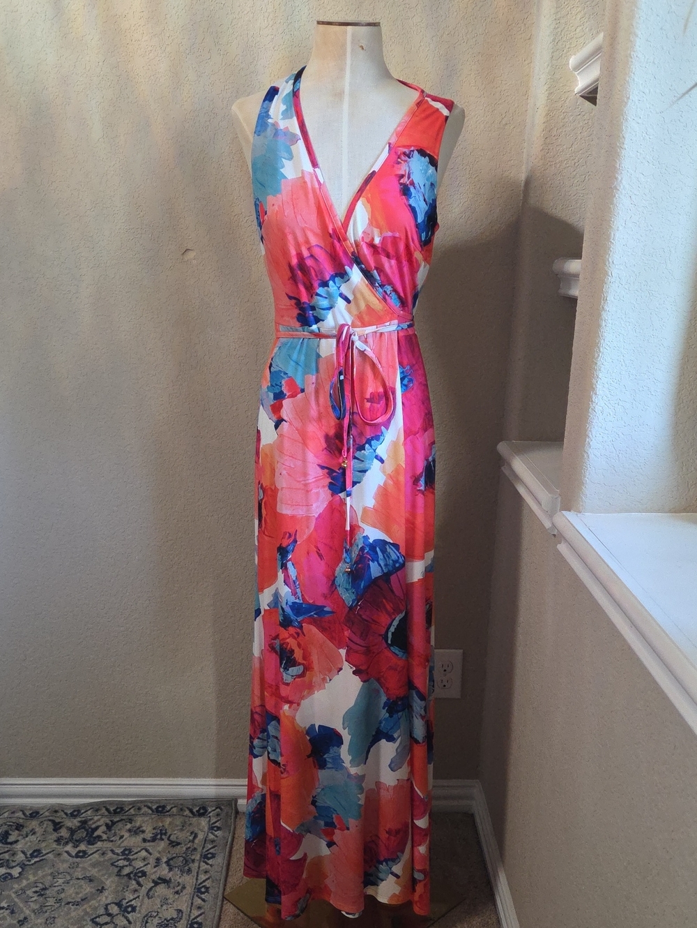 Sleeveless Floral Wrap Maxi Dress in Coral & Blue